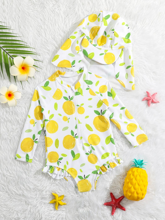 Baby Girl Lemon Print Swimsuit With Hat