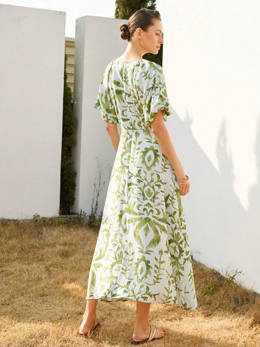 White and Green Floral Print Dress