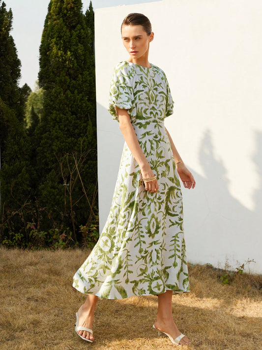White and Green Floral Print Dress