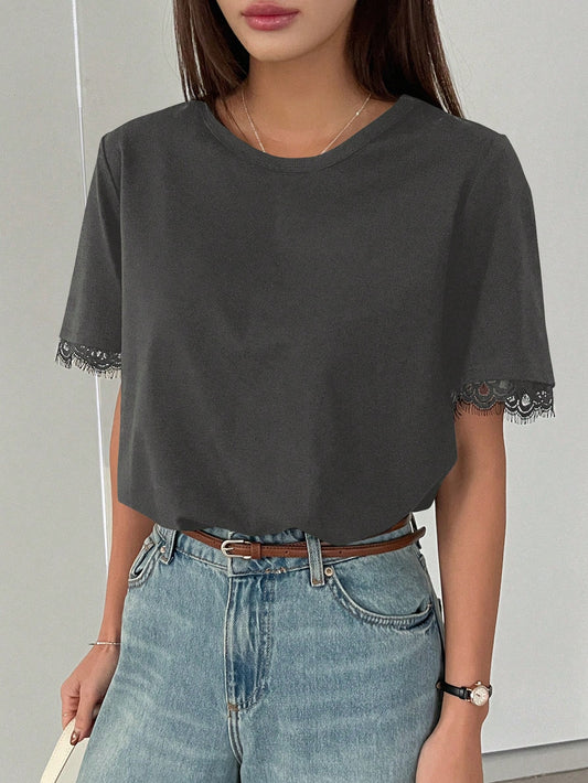 Grey T-Shirt with Lace Details