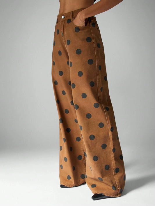 Wide Leg Polka Dot Jeans High Waisted