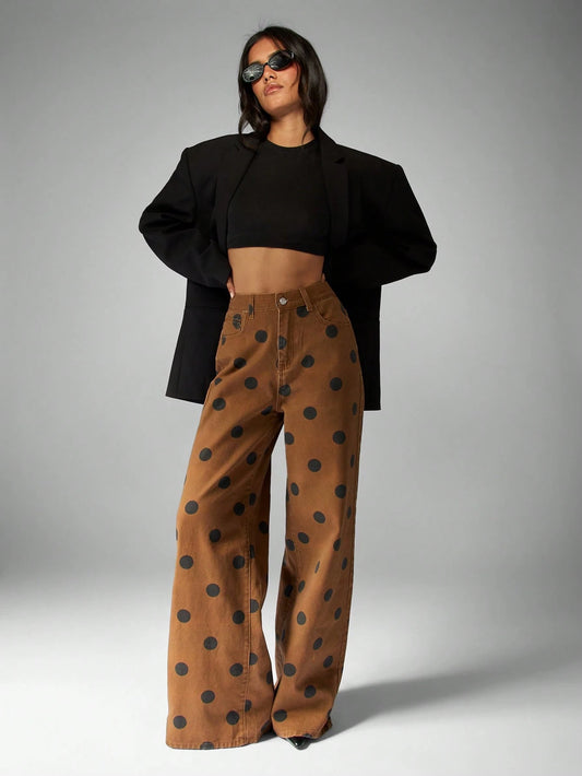 Wide Leg Polka Dot Jeans High Waisted