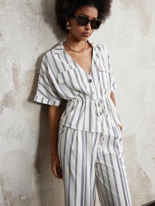Striped V-Neck Casual Set