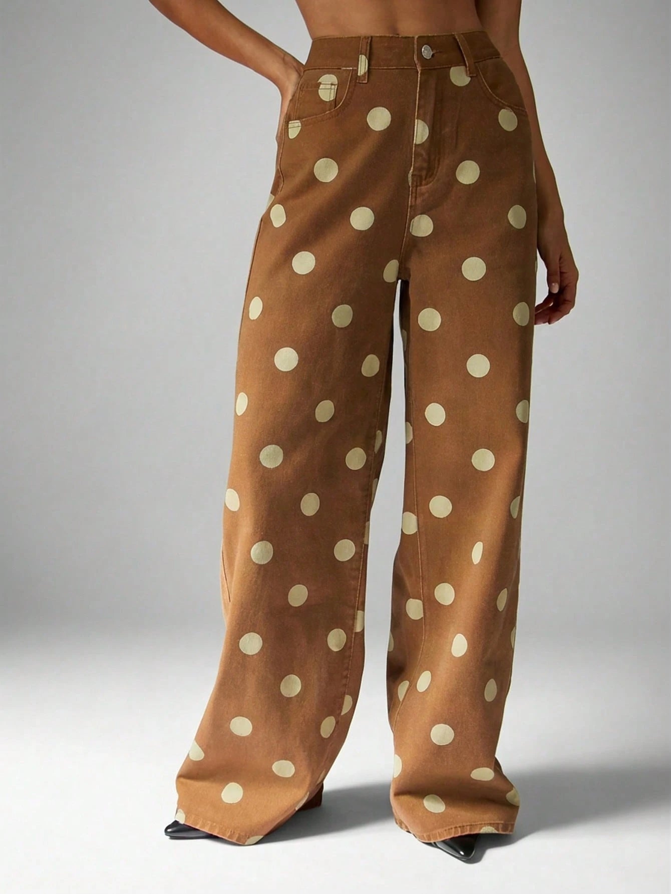 Polka Dot Wide Leg Denim Jeans With Cream Spots