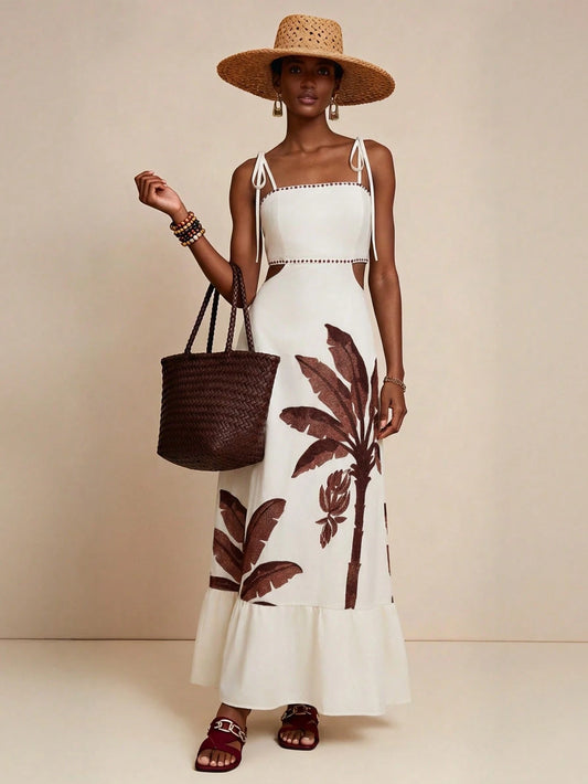 Coconut Tree Print Cut Out Dress