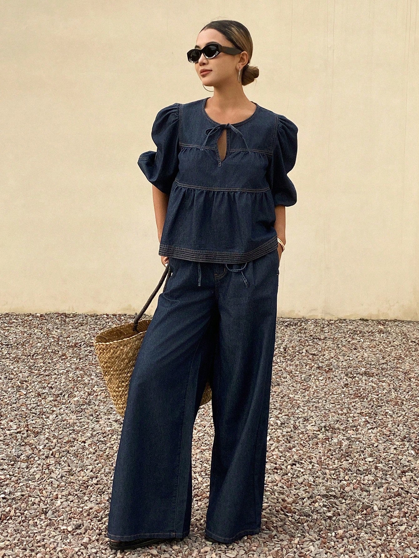 Puff Sleeve Denim Top & Wide Leg Jeans Set