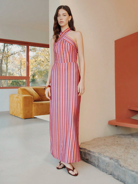 Halter Vertical Stripes Pink Dress