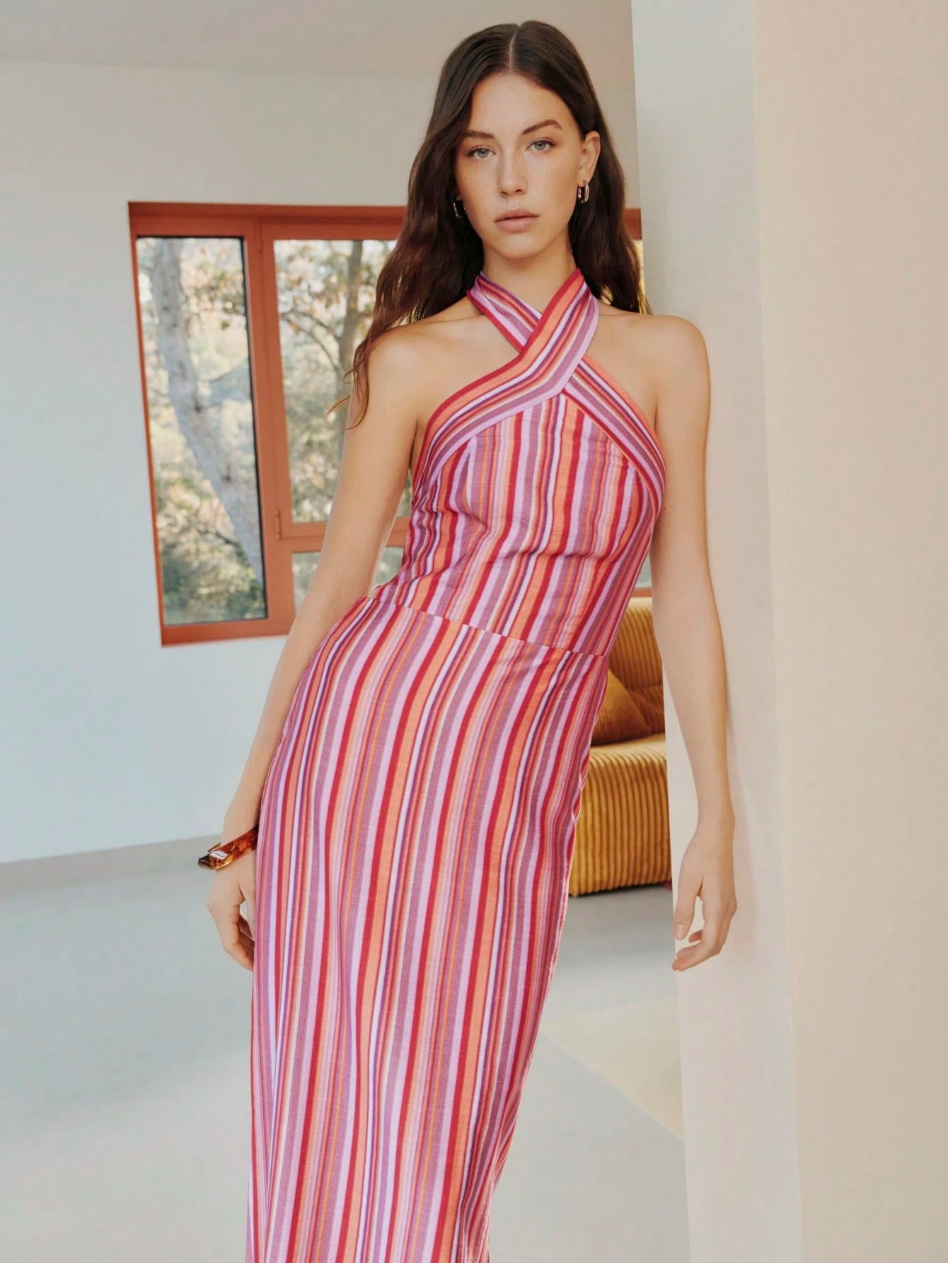 Halter Vertical Stripes Pink Dress