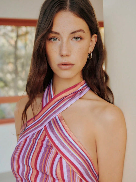 Halter Vertical Stripes Pink Dress