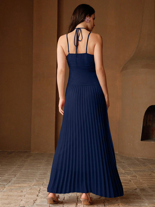 Halter Pleated Blue Dress