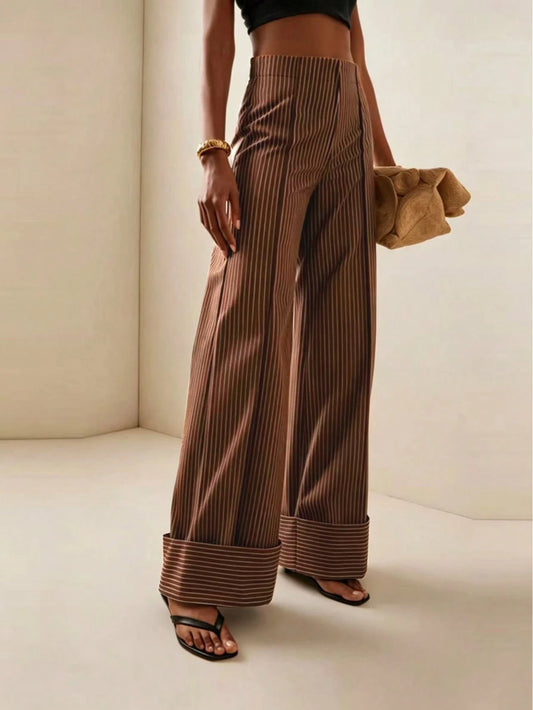 Striped High Waist Straight Brown Pants