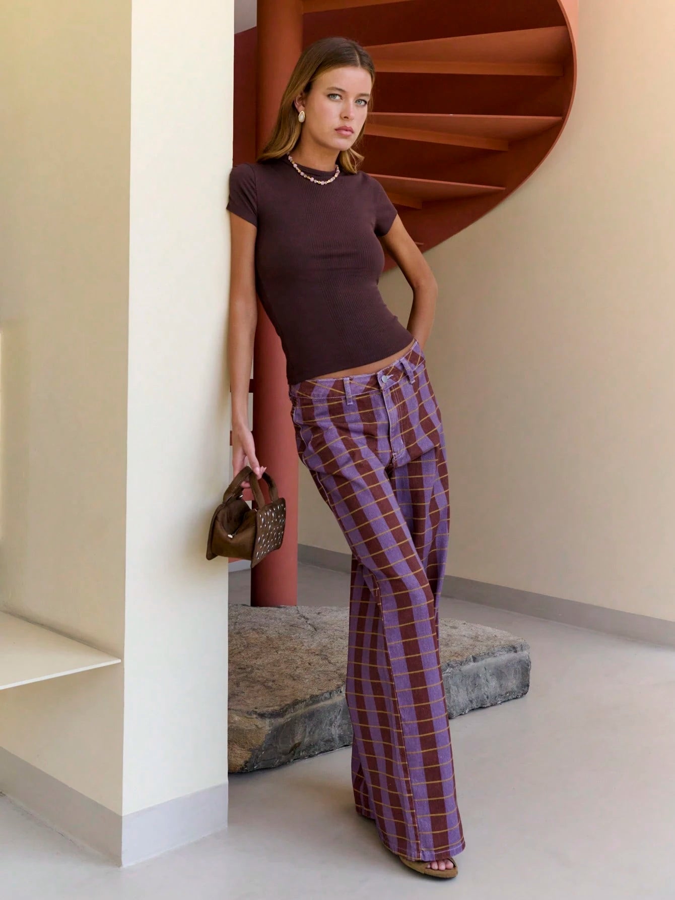 Purple Brown Straight-Leg Pants