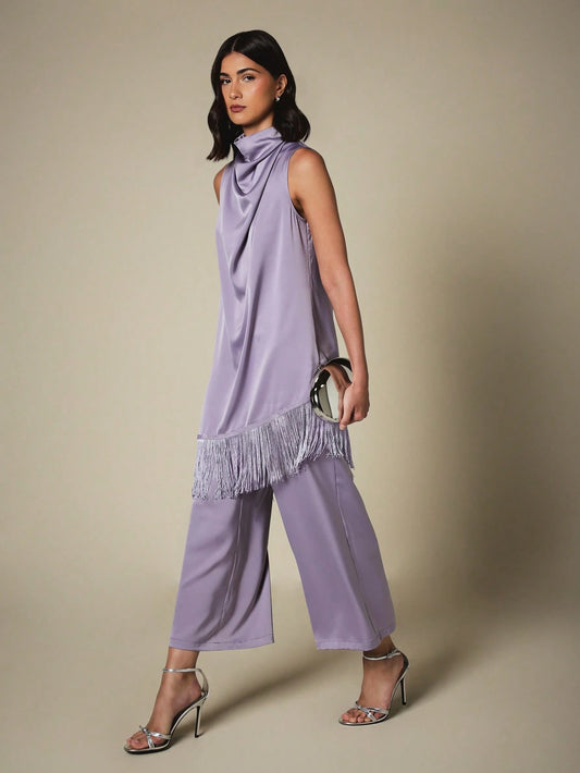 Two-Piece Purple Set With Asymmetric Fringe Top