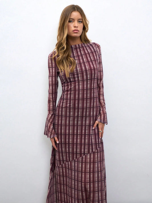 Plaid Long Dress With Flared Cuff