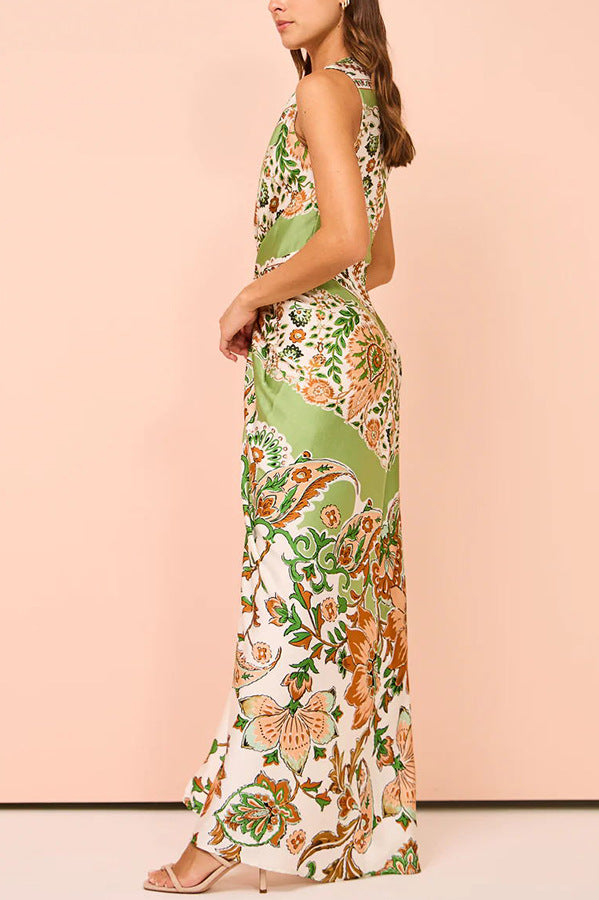 Green Printed Satin Long Dress