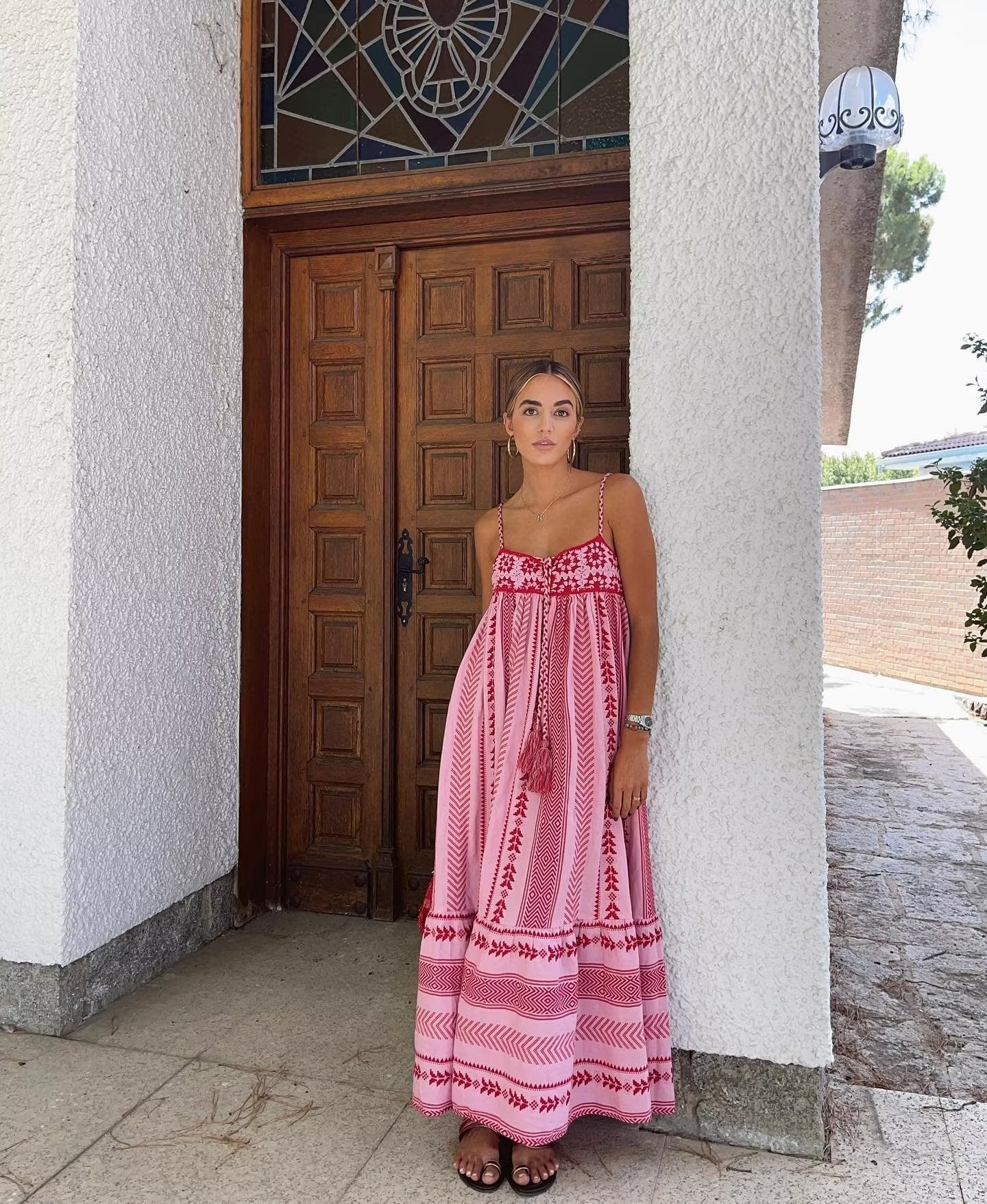 Pink &Red Geometric Long Dress