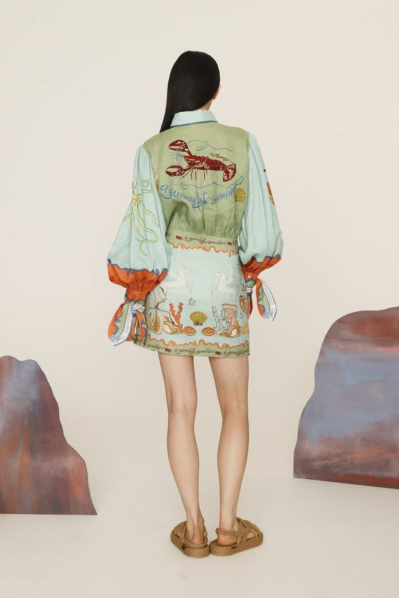 Turquoise Printed Long Sleeved Dress