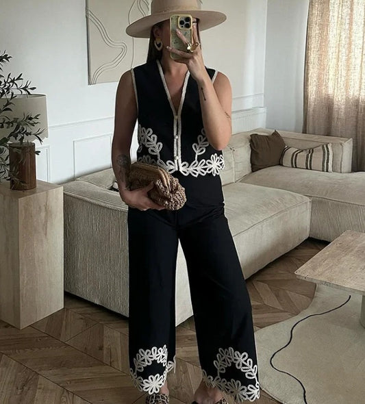 Black Embroidery Pants Set