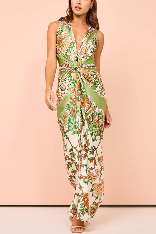 Green Printed Satin Long Dress