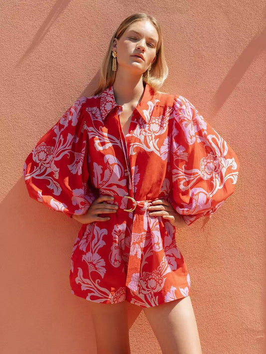 Red Printed Shorts Jumpsuit