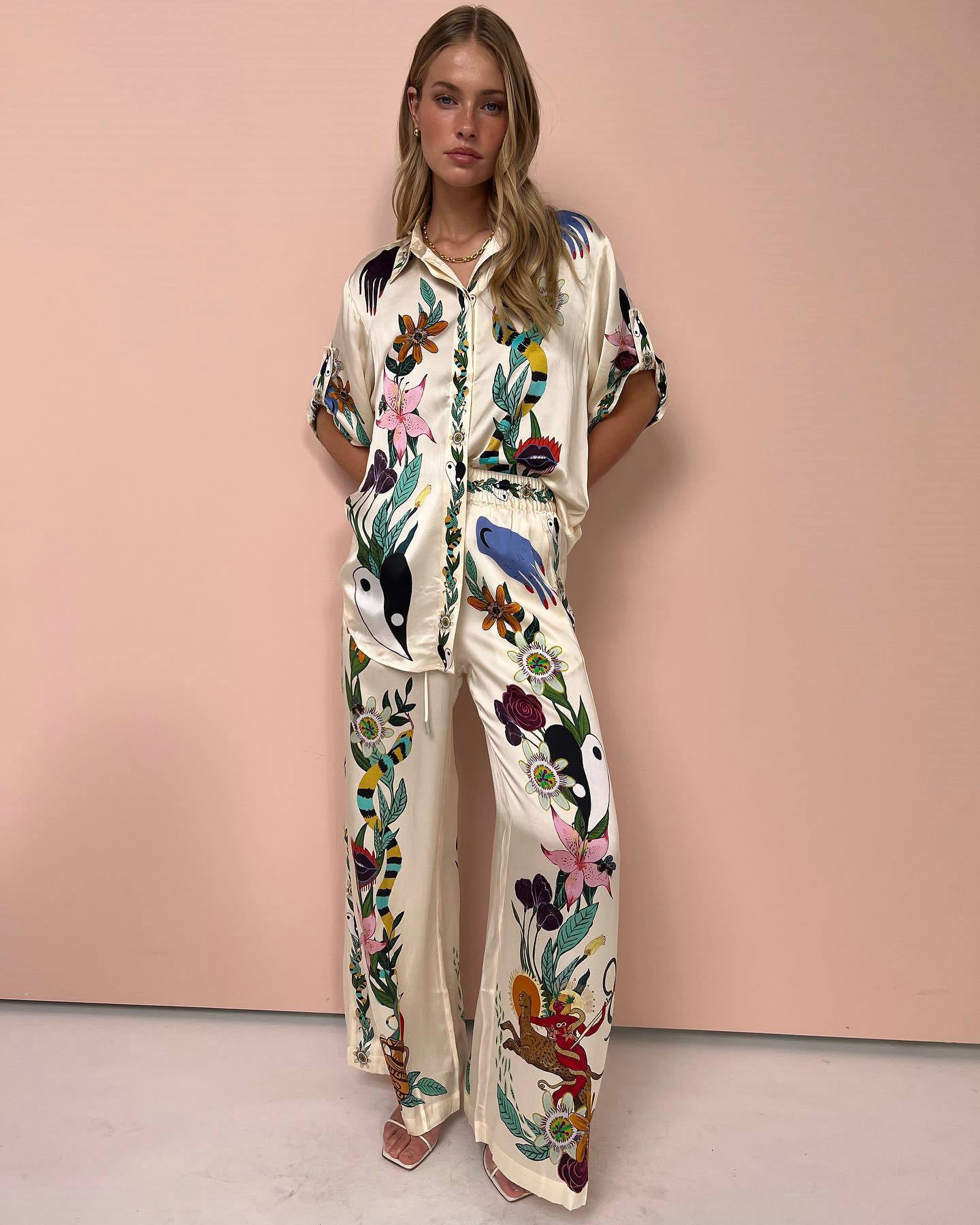 Satin Printed Pants Set