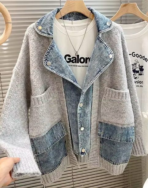 Grey Knit/Denim Sweater Jacket