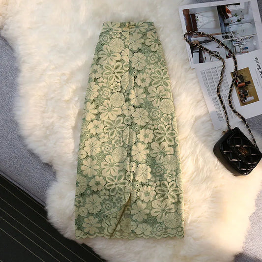 Green Long Embroidery Skirt