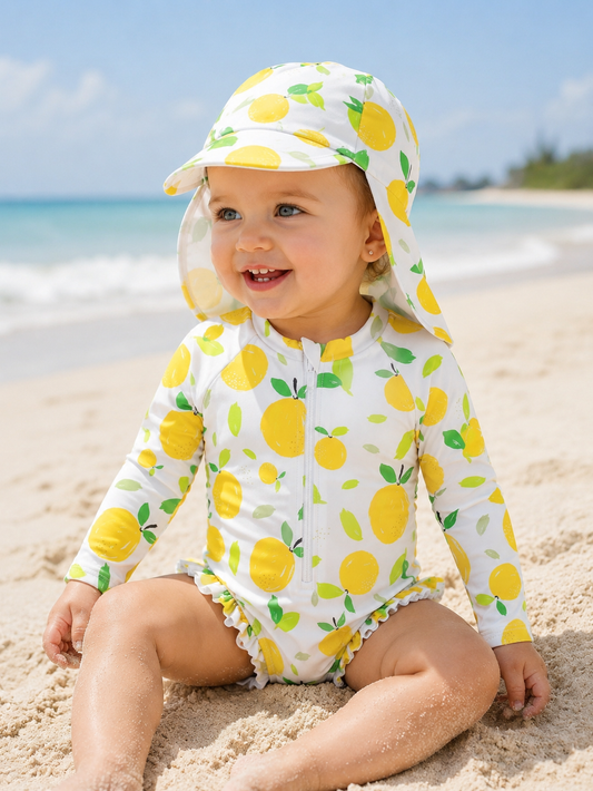 Baby Girl Lemon Print Swimsuit With Hat