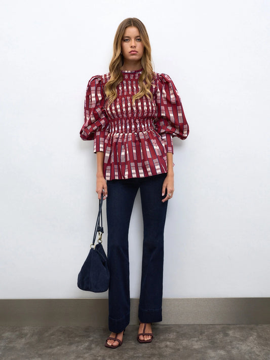 Burgundy Geometric Print Ruched Top