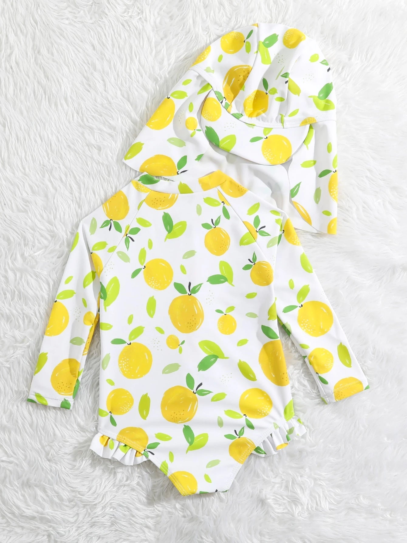 Baby Girl Lemon Print Swimsuit With Hat