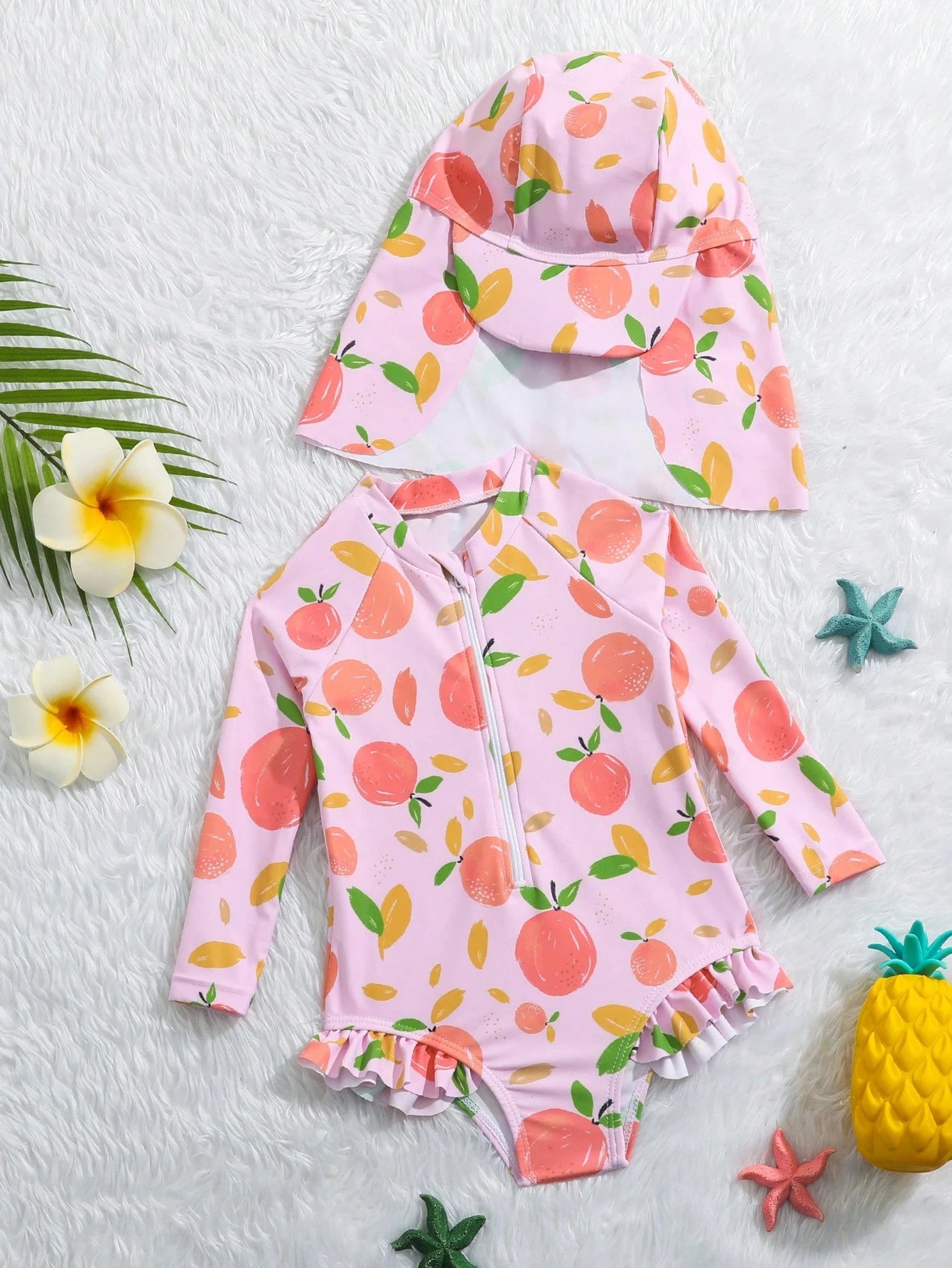 Baby Girl Fruit Printed Swimsuit With Cap