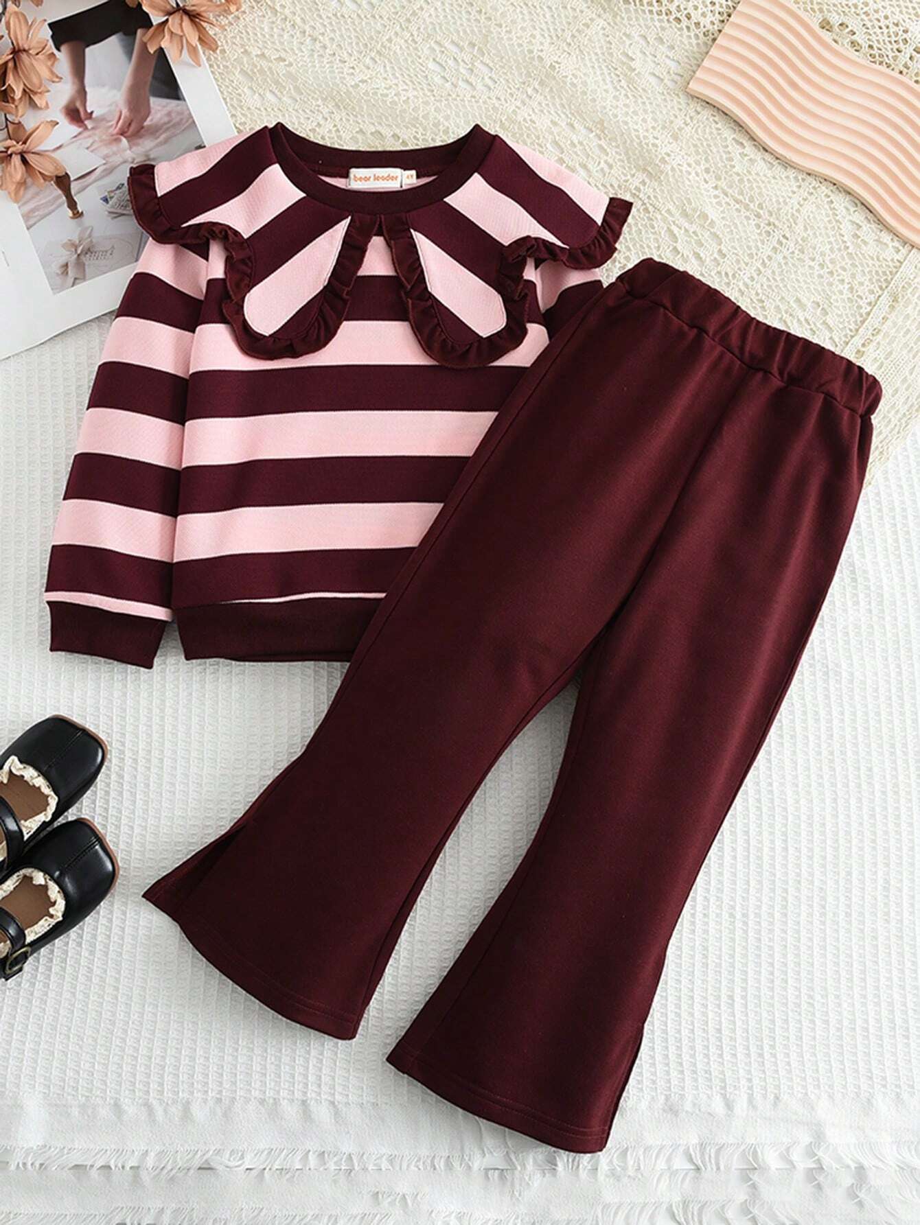 Girls Stripes Burgundy Set