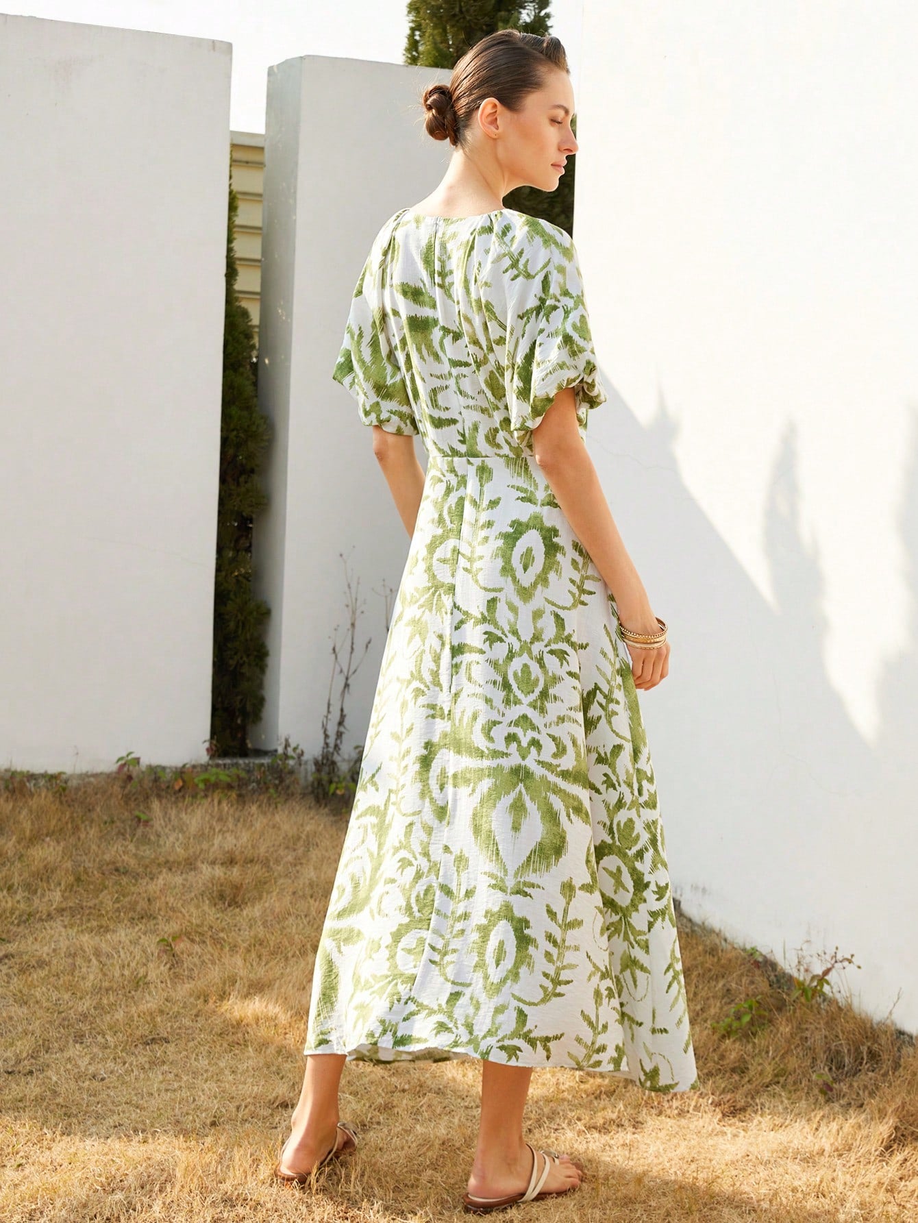 White and Green Floral Print Dress