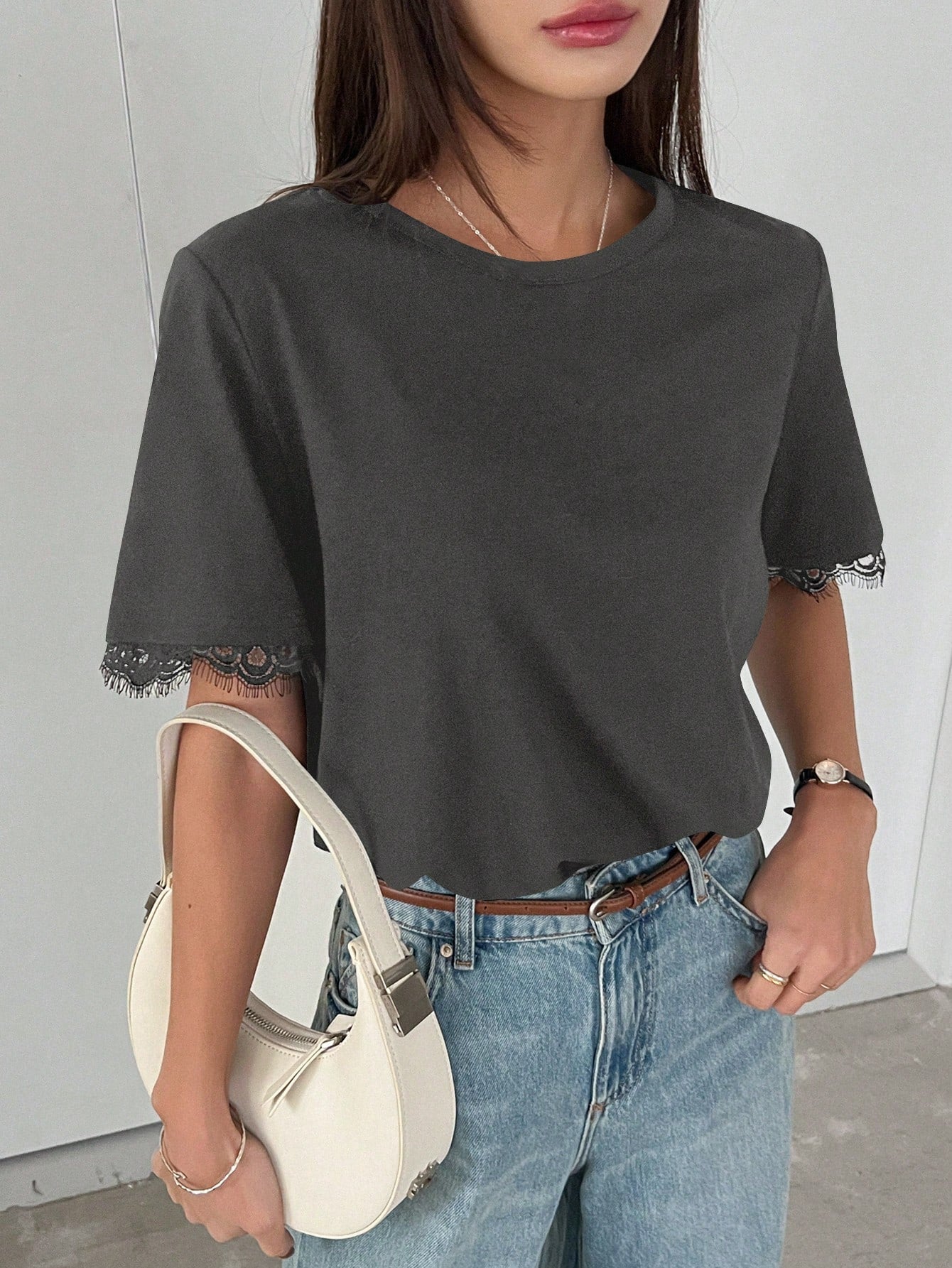 Grey T-Shirt with Lace Details