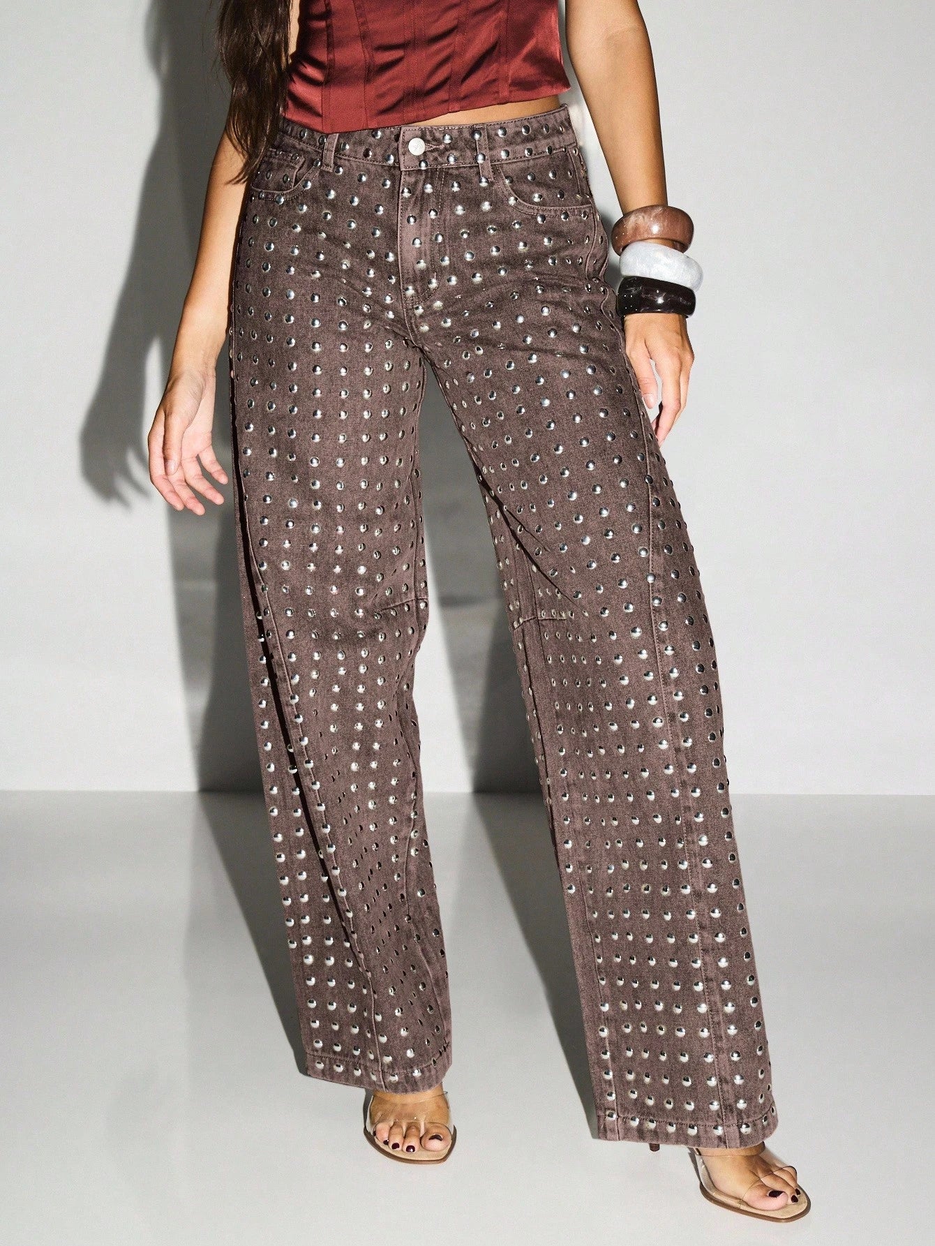 Studded Wide Leg Jeans Crystal Embellished Denim Pants