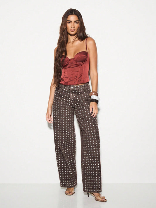 Studded Wide Leg Jeans Crystal Embellished Denim Pants