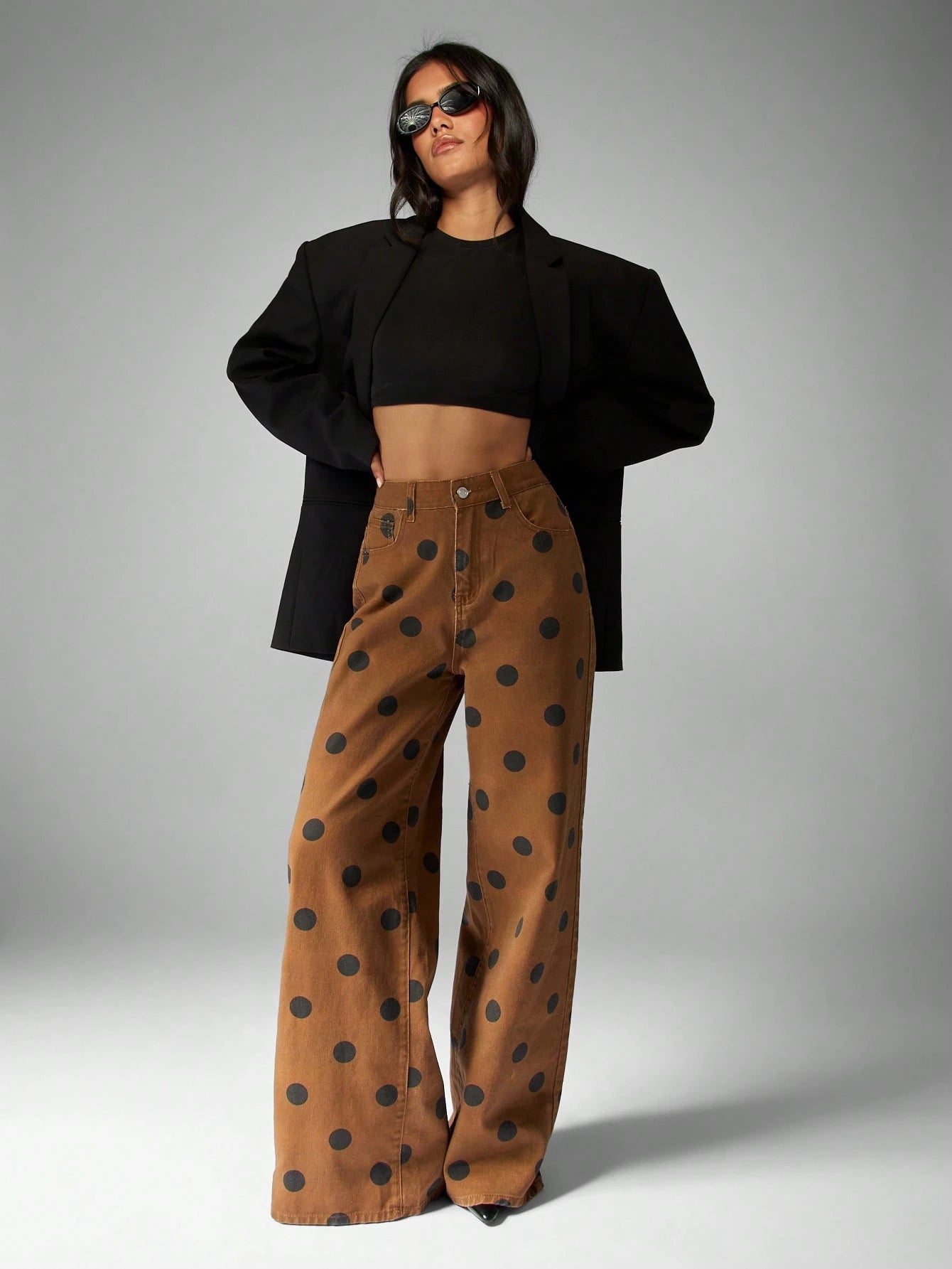 Wide Leg Polka Dot Jeans High Waisted
