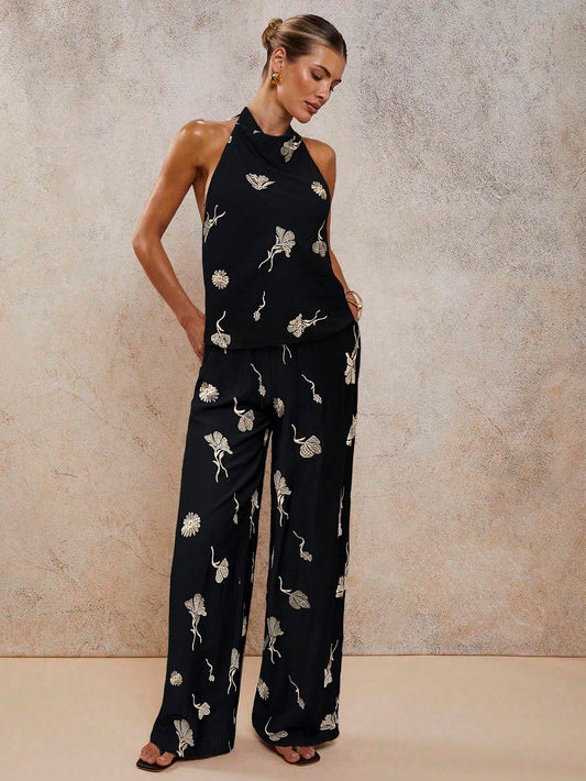 Halter Black Printed Set