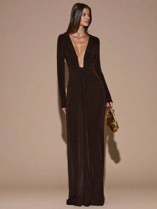Brown V-Neck Dress