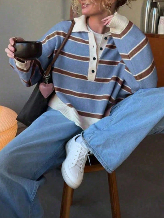 Striped Long Sleeve Knit Polo Sweater
