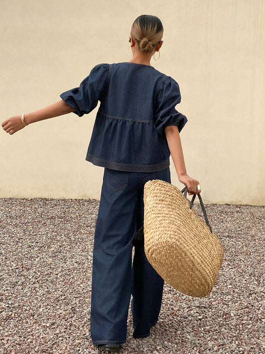 Puff Sleeve Denim Top & Wide Leg Jeans Set