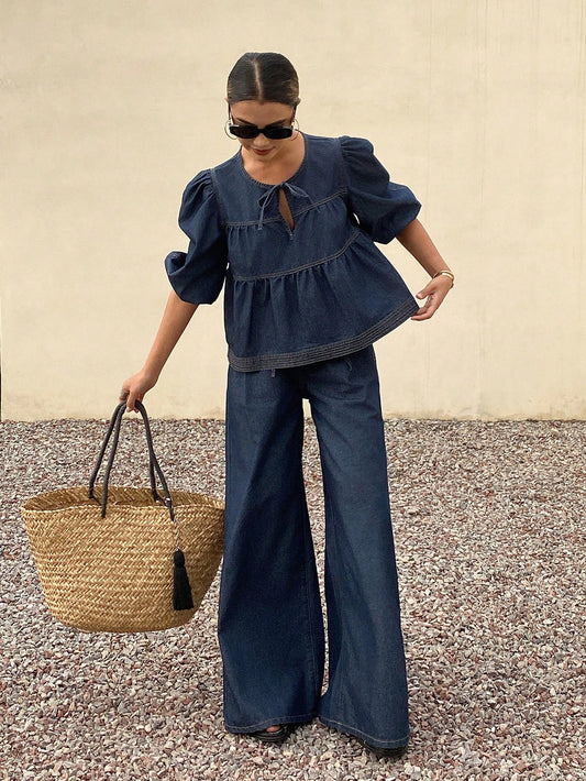 Puff Sleeve Denim Top & Wide Leg Jeans Set