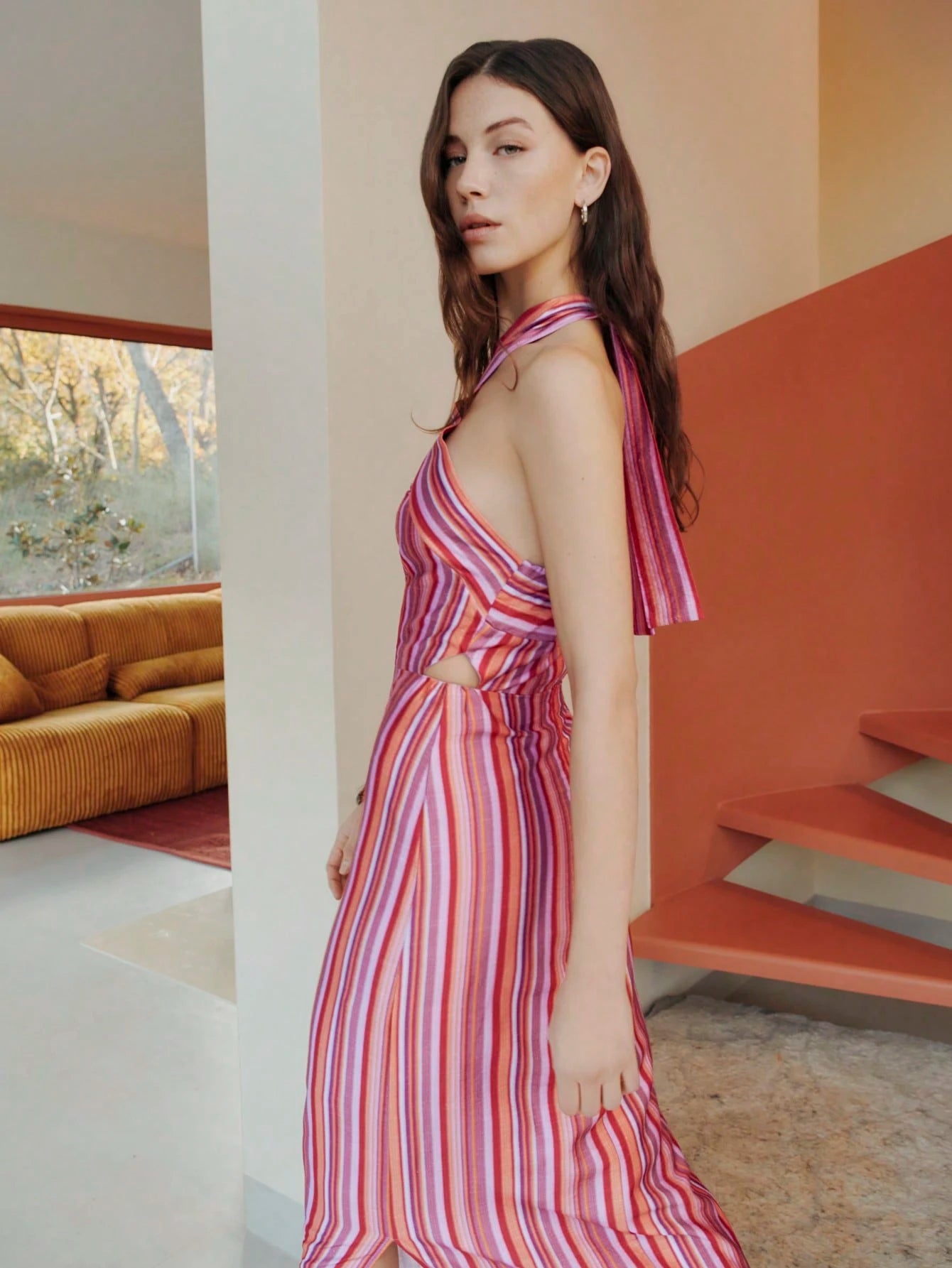 Halter Vertical Stripes Pink Dress