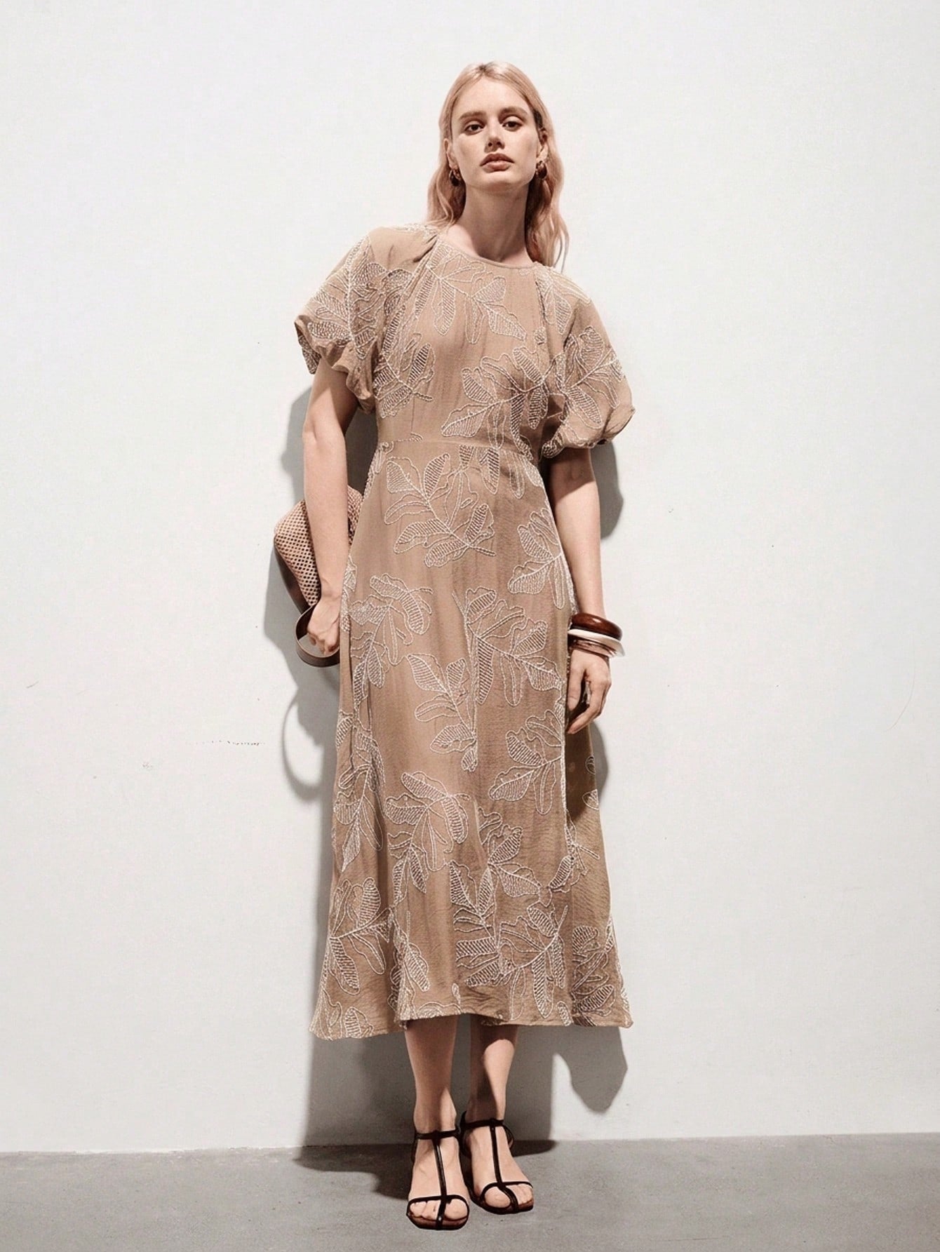 Beige Puffed Sleeve Dress