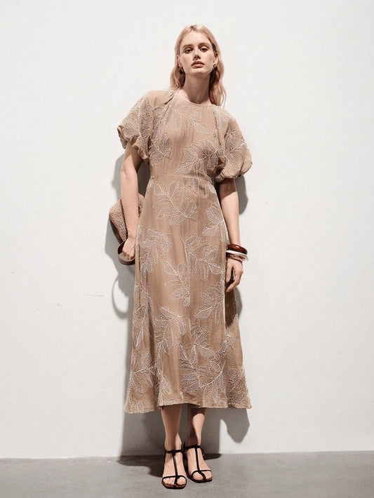 Beige Puffed Sleeve Dress