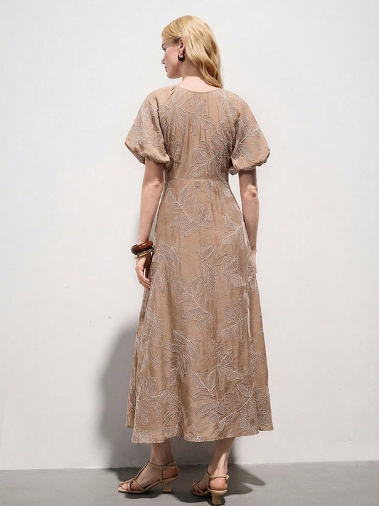 Beige Puffed Sleeve Dress