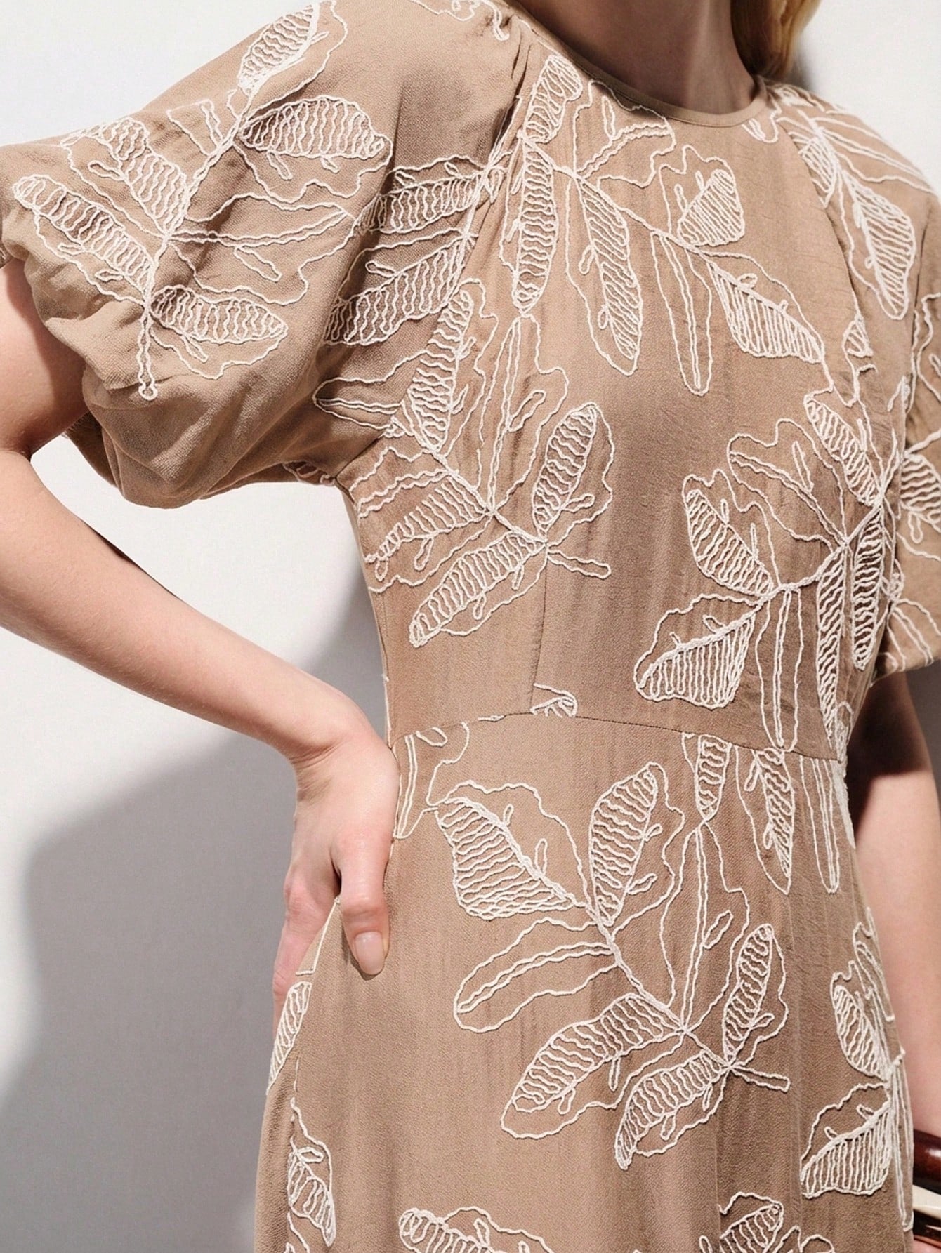 Beige Puffed Sleeve Dress