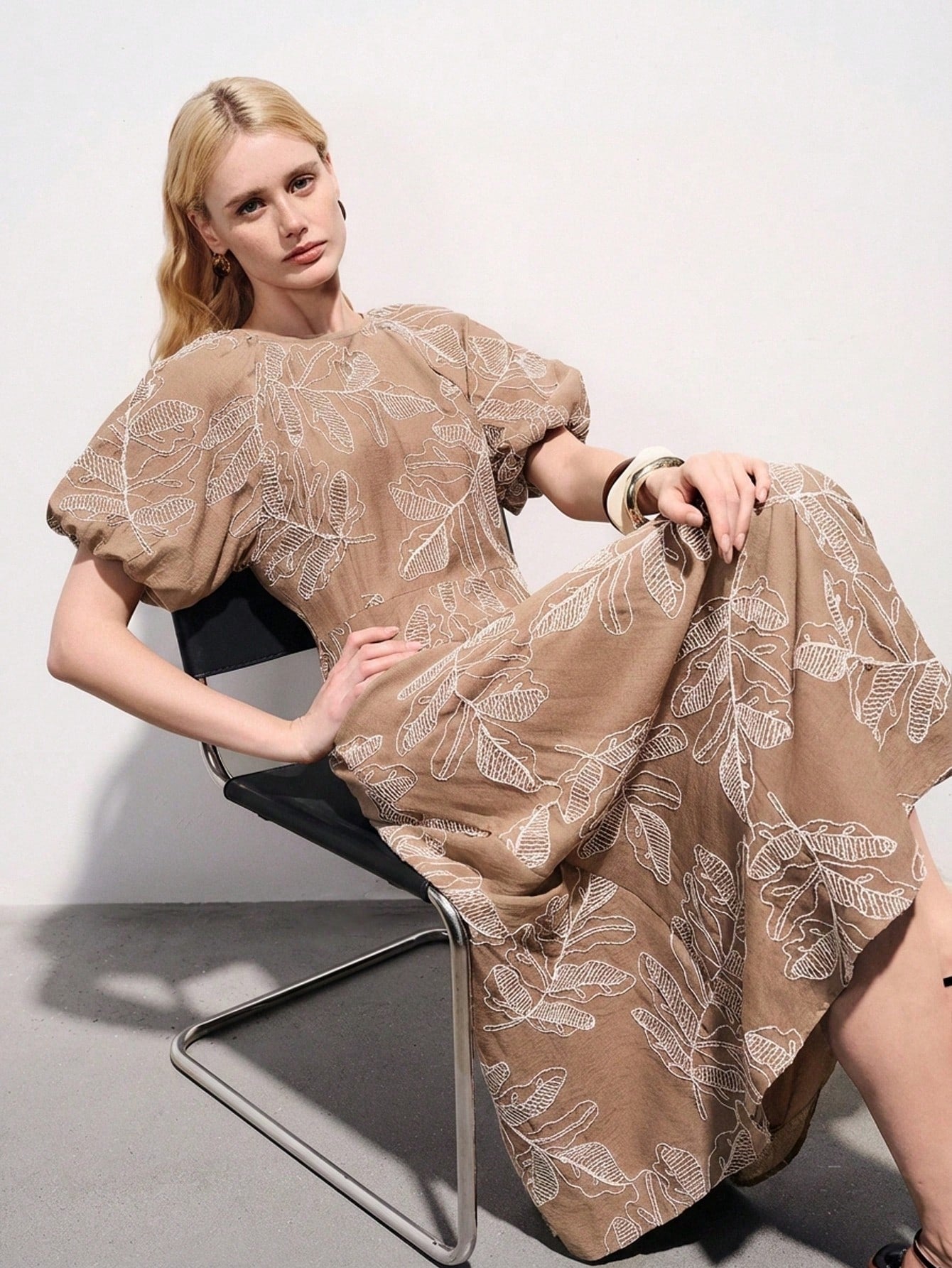 Beige Puffed Sleeve Dress