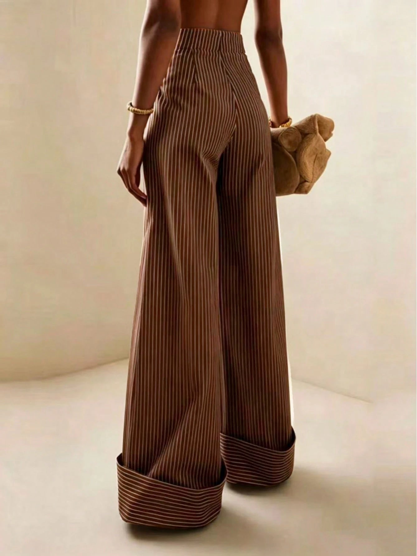 Striped High Waist Straight Brown Pants