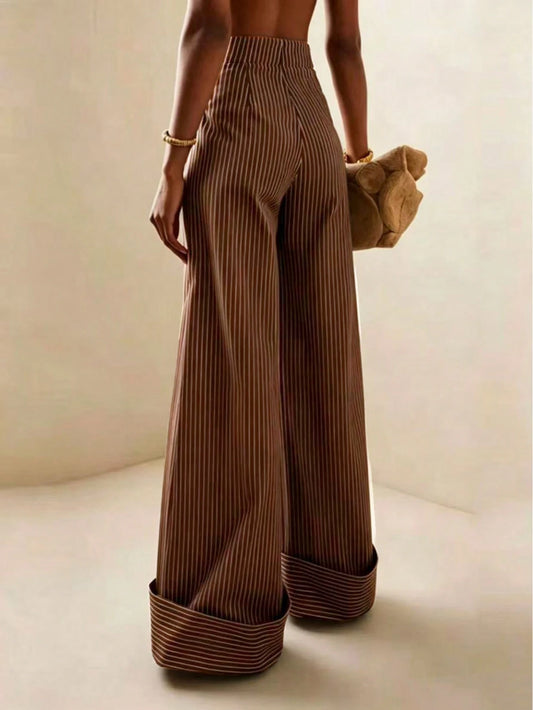 Striped High Waist Straight Brown Pants